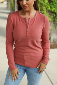 Brielle Henley Ribbed Long Sleeve Top - Terra Cotta