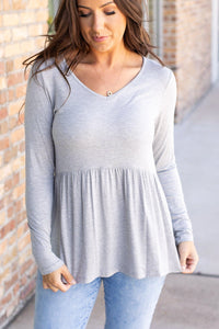 Sarah Long Sleeve Ruffle Top - Light Grey