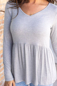 Sarah Long Sleeve Ruffle Top - Light Grey