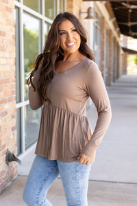 Sarah Long Sleeve Ruffle Top - Mocha