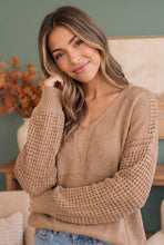 Load image into Gallery viewer, Cozy Caramel V-Neck Sweater with Crochet Sleeves
