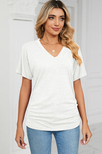 Ruched V-Neck Short Sleeve T-Shirt (multiple color options)