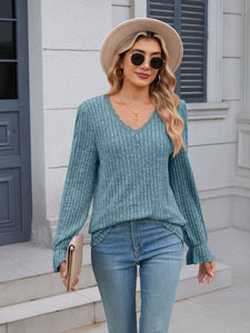 Lace Detail V-Neck Long Sleeve Top (multiple color options)