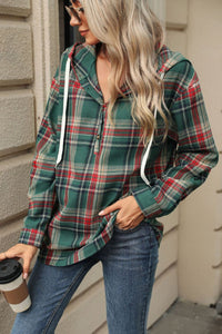 Drawstring Plaid Hooded Long Sleeve Top (multiple color options)