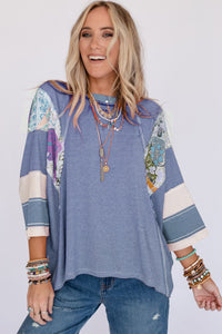 Striped Floral Patchwork Round Neck Top (multiple color options)