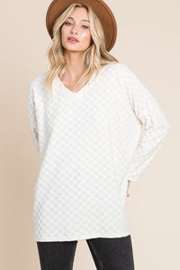 Checkered Long Sleeve V-Neck T-Shirt in White