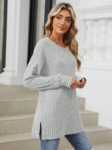 Ribbed Round Neck Long Sleeve Top (multiple color options)