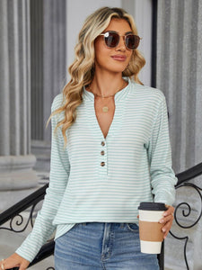 Striped Notched Long Sleeve Top (multiple color options)