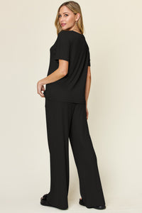 Round Neck Short Sleeve T-Shirt and Wide Leg Pants Set (multiple color options)