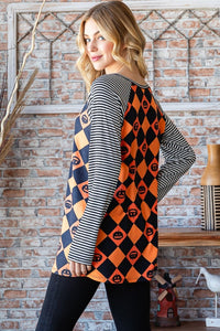 Pumpkin Checkered Contrast Striped Long Sleeve Top