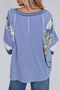 Striped Floral Patchwork Round Neck Top (multiple color options)