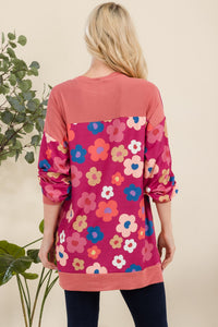 Side Slit Flower Print Long Sleeve Top in Fuchsia