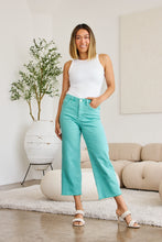 Load image into Gallery viewer, RFM &quot;Chloe&quot; Tummy Control High Waist Cropped Wide Leg Raw Hem Jeans in Island Green
