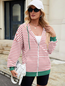 Drawstring Striped Zip Up Long Sleeve Hoodie (multiple color options)