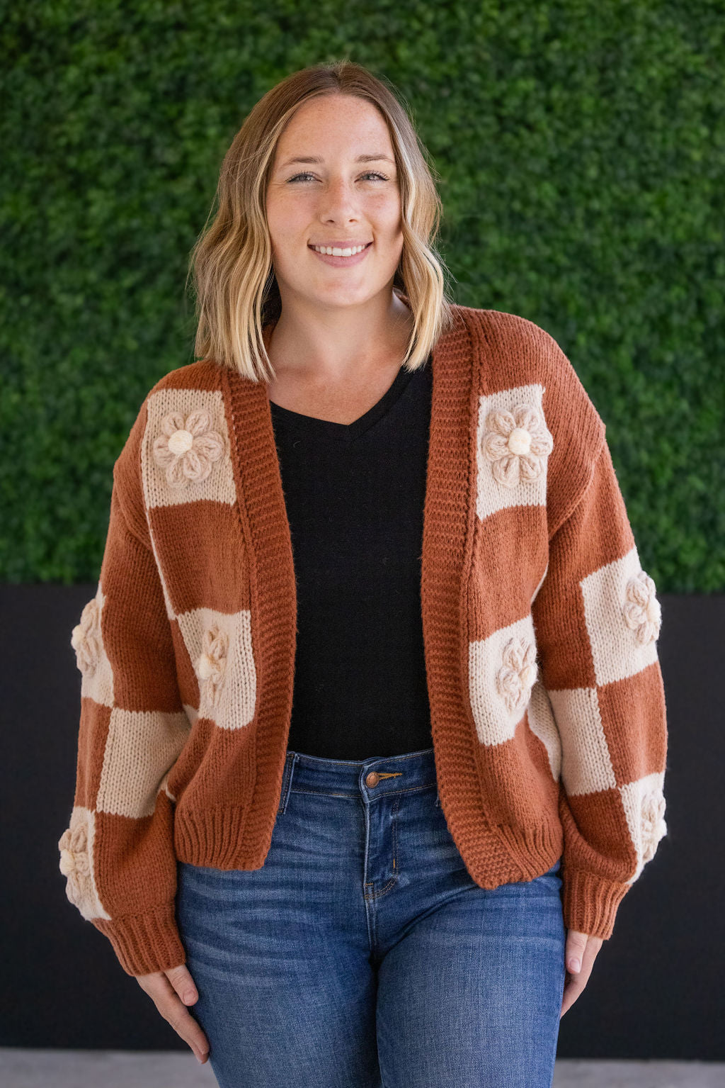 Floral Checker Cardigan in Rust