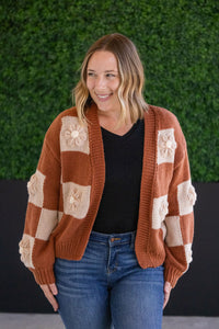 Floral Checker Cardigan in Rust