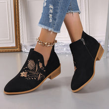 Load image into Gallery viewer, Embroidered Suede Point Toe Block Heel Boots (multiple color options)
