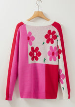 Load image into Gallery viewer, Flower Color Block Round Neck Sweater
