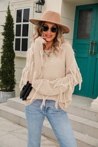 Ribbed Round Neck Fringe Detail Sweater (multiple color options)