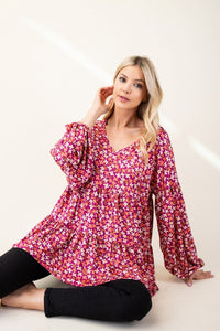 Floral V-Neck Balloon Sleeve Blouse