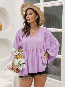 Swiss Dot Tie Neck Long Sleeve Blouse in Pinkish Purple