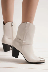 Faux Leather Metal Toe Ankle Boots in White