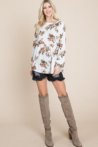 Babydoll Floral Boat Neck Long Sleeve Blouse