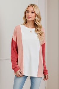 Texture Contrast Round Neck Long Sleeve Top (multiple color options)