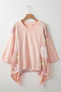 Slit Floral V-Neck Three-Quarter Sleeve Top (2 color options)