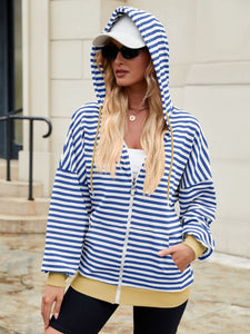 Drawstring Striped Zip Up Long Sleeve Hoodie (multiple color options)