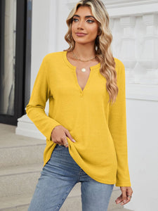 Waffle-Knit Notched Long Sleeve Top (multiple color options)