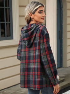 Drawstring Plaid Hooded Long Sleeve Top (multiple color options)