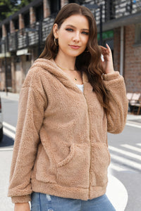 Zip Up Long Sleeve Fuzzy Hooded Outerwear (multiple color options)