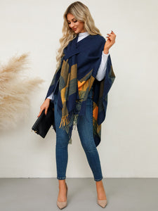 Fringe Contrast Plaid Poncho (multiple color options)