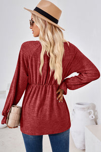 Ruched Round Neck Flounce Sleeve Blouse (multiple color options)