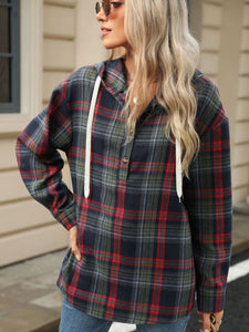 Drawstring Plaid Hooded Long Sleeve Top (multiple color options)