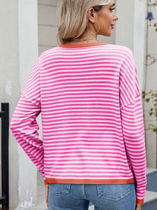 Striped Contrast Round Neck Long Sleeve Sweater (multiple color options)