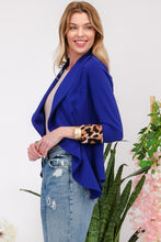 Load image into Gallery viewer, Rolled Leopard Cuff Open Front Blazer in Royal Blue
