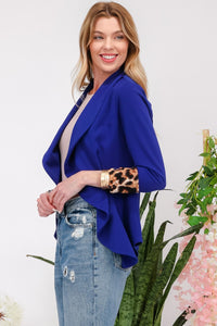 Rolled Leopard Cuff Open Front Blazer in Royal Blue