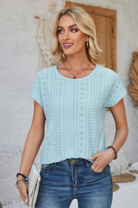 Eyelet Round Neck Rolled Short Sleeve Top (multiple color options)