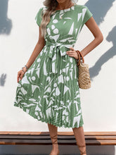 Load image into Gallery viewer, Perfee Tied Pleated Printed Cap Sleeve Dress (multiple color options)
