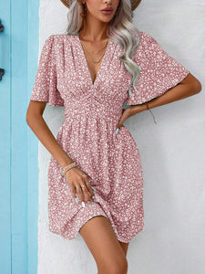 Printed V-Neck Half Sleeve Mini Dress (multiple color options)