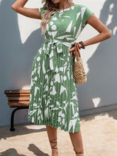 Load image into Gallery viewer, Perfee Tied Pleated Printed Cap Sleeve Dress (multiple color options)
