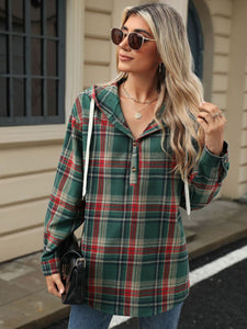 Drawstring Plaid Hooded Long Sleeve Top (multiple color options)