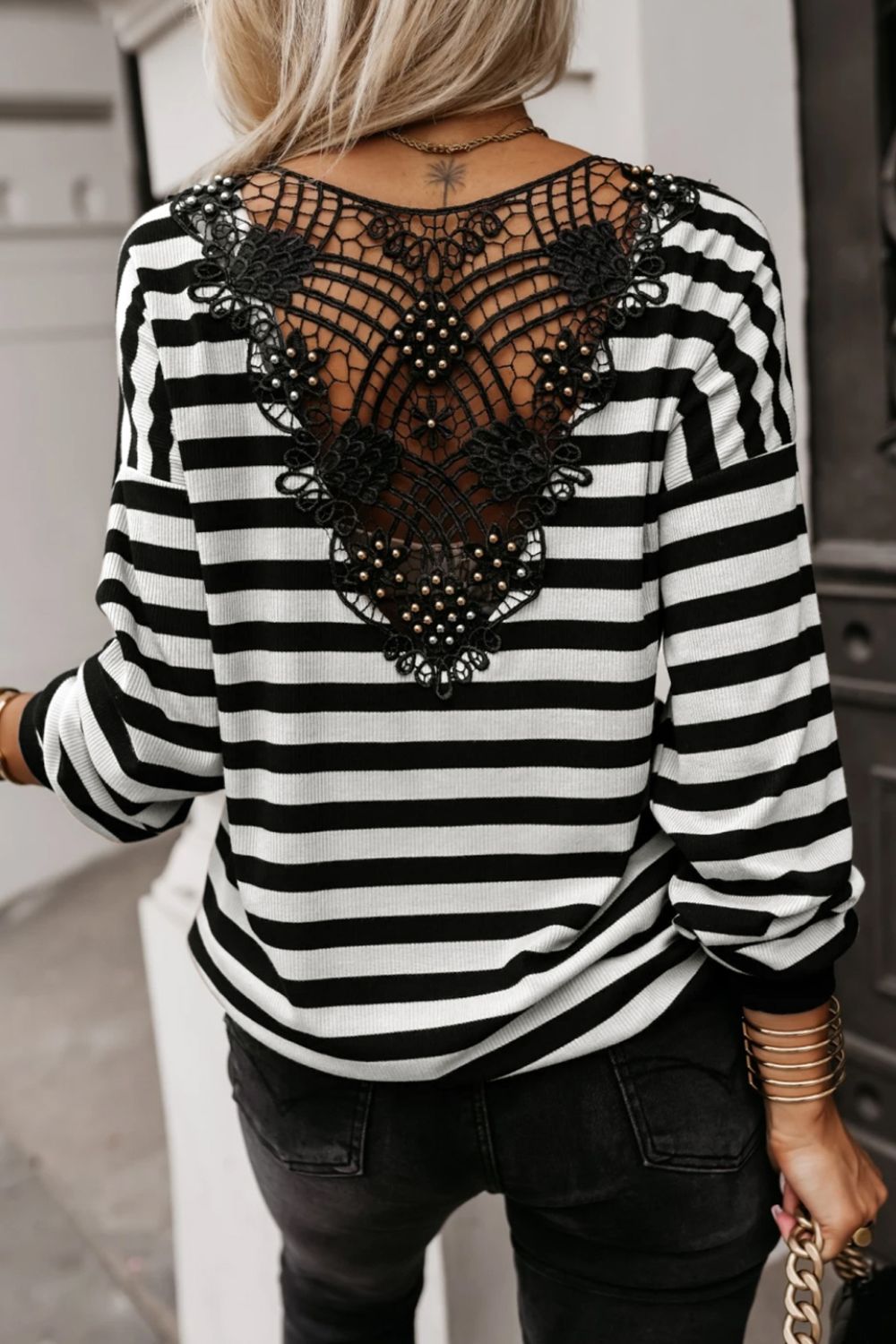 Striped Lace Detail V Neck Top