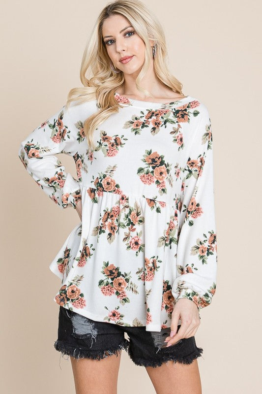 Babydoll Floral Boat Neck Long Sleeve Blouse