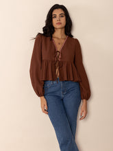 Load image into Gallery viewer, Peplum Tied V-Neck Long Sleeve Blouse
