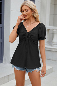 Eyelet Drawstring Short Sleeve Top  (multiple color options)