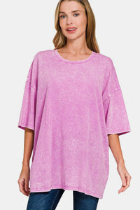 Washed Round Neck Drop Shoulder Oversized T-Shirt in Mauve