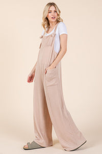 Knot Straps Wide Leg Ribbed Overalls with Pockets in Dust Storm